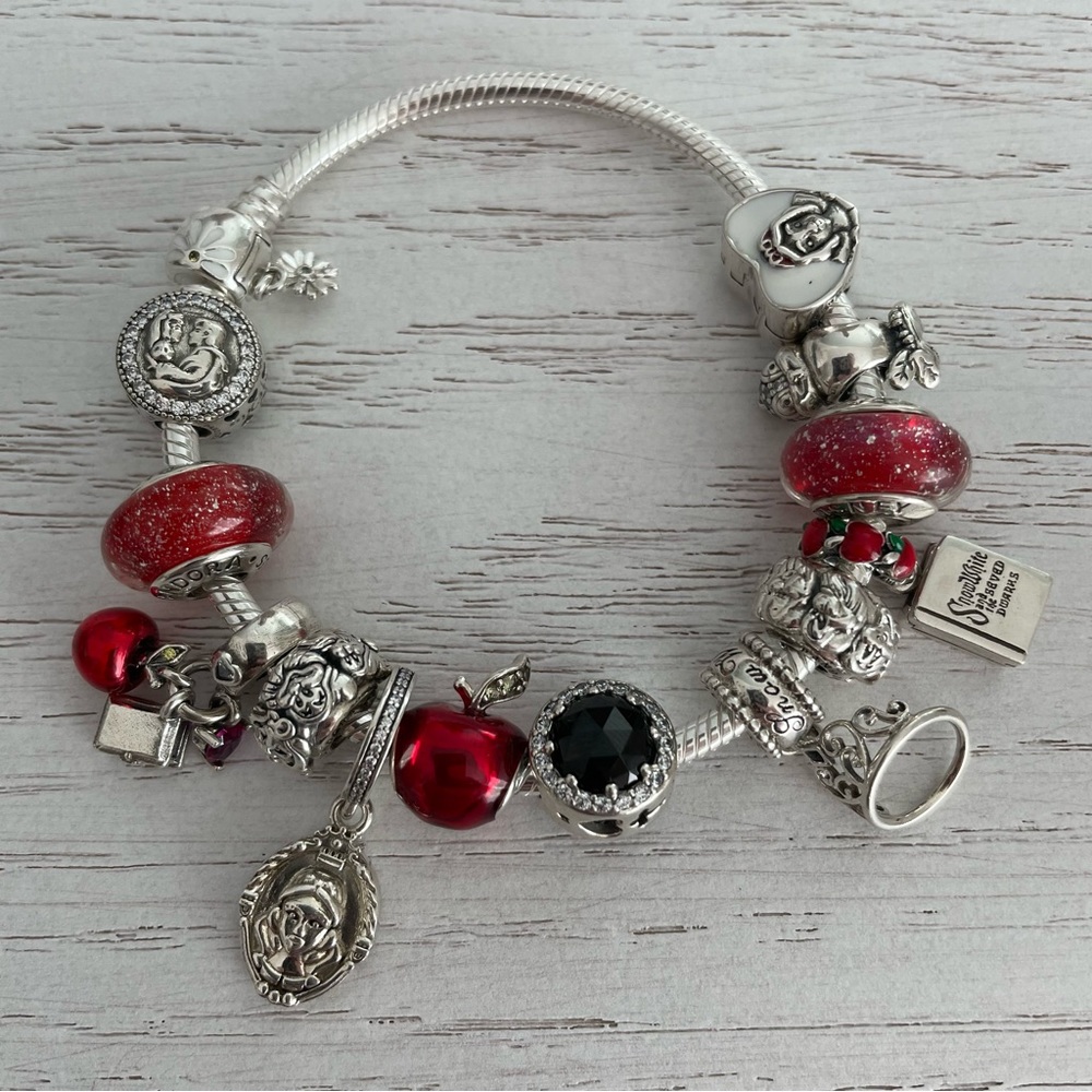 Authentic Pandora Silver Charm Bracelet ~ Snow White Theme ~ Red / Black Designs